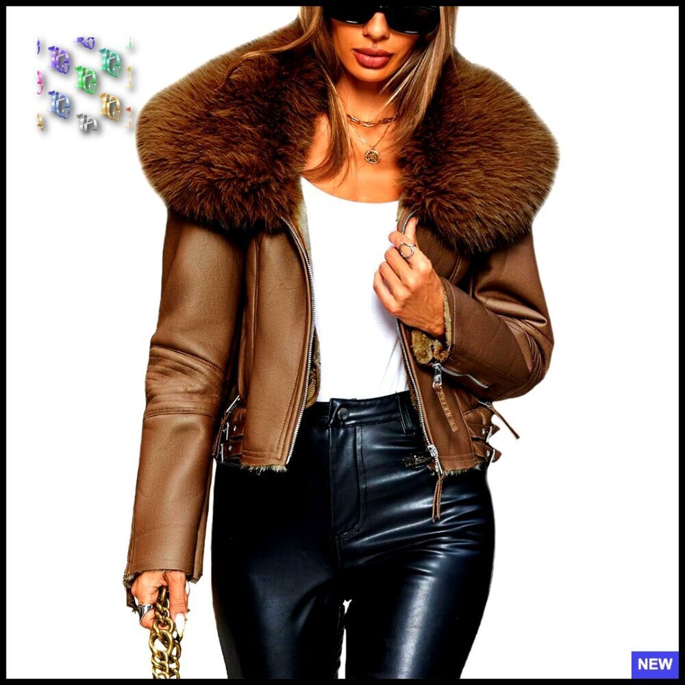 Faux Leather Moto Jacket Sherpa Lined Removable Fur Collar Slim Fit Classic